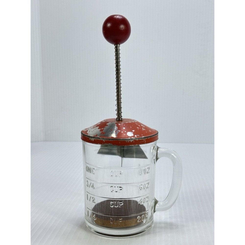 Hazel Atlas Nut Chopper One Cup Glass Measure Red‎ Metal Lid Wood Handle Insert